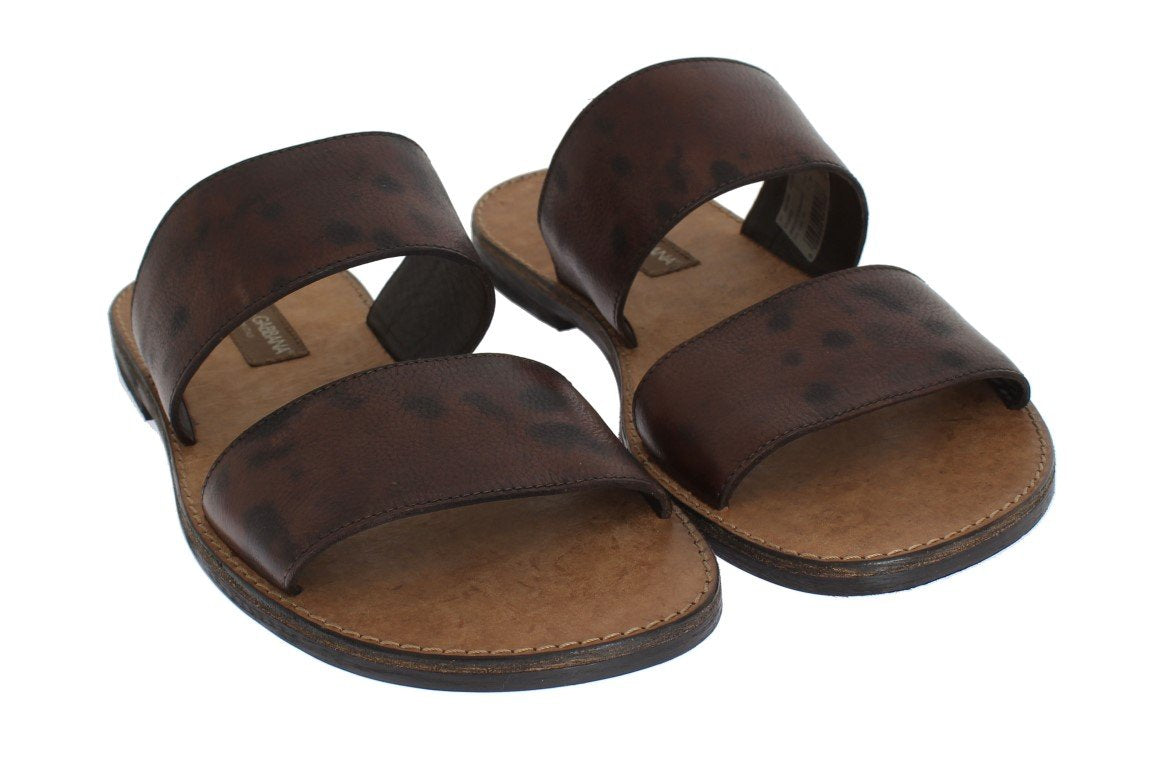 Brown Leather Pattern Slides Sandals