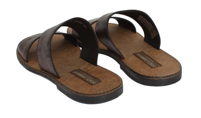Brown Leather Pattern Slides Sandals