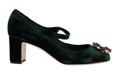 Green Velvet Crystal Mary Janes Shoes