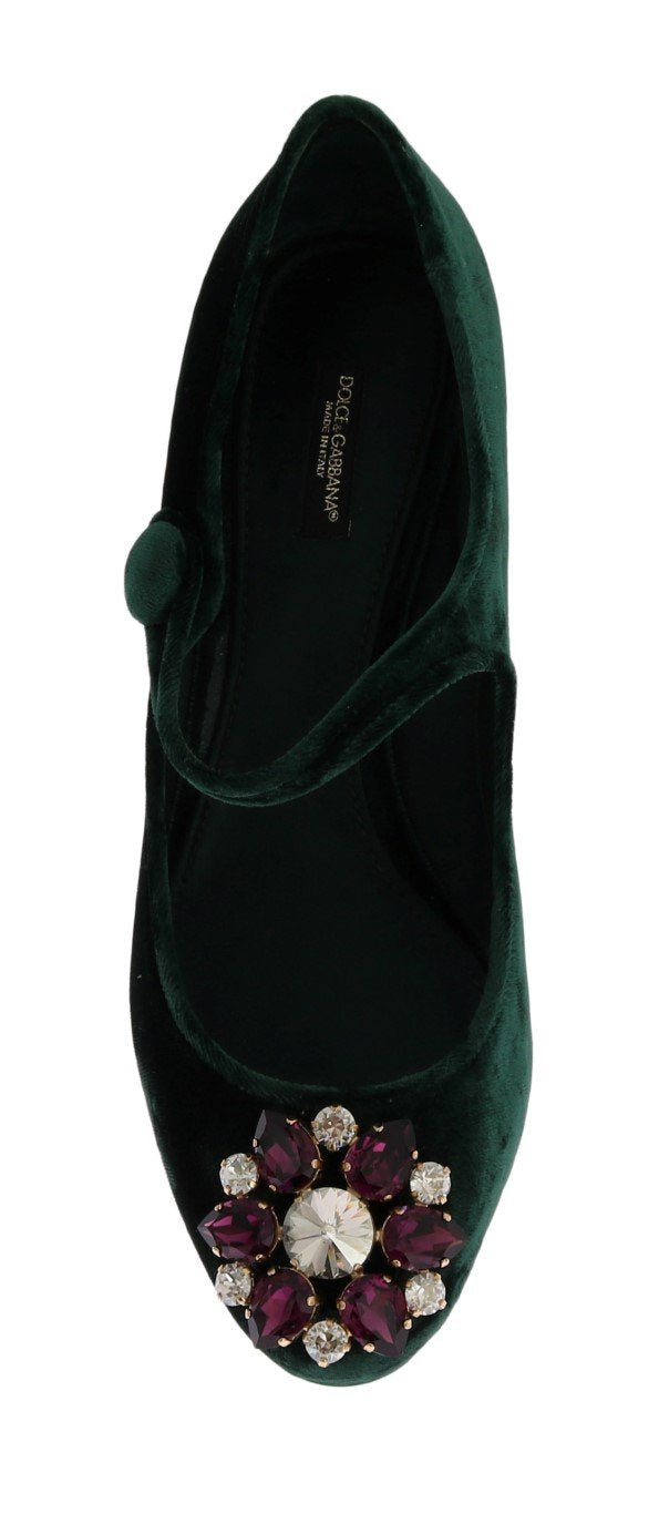 Green Velvet Crystal Mary Janes Shoes