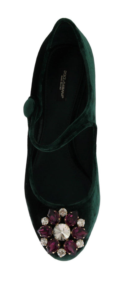 Green Velvet Crystal Mary Janes Shoes