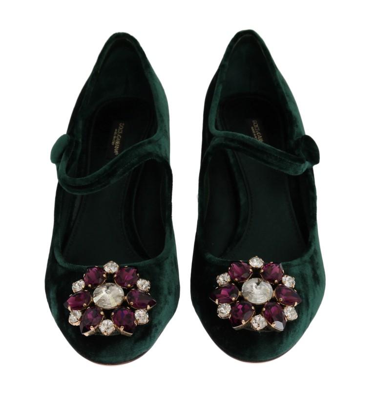 Green Velvet Crystal Mary Janes Shoes