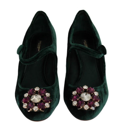 Green Velvet Crystal Mary Janes Shoes