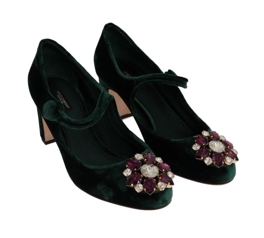 Green Velvet Crystal Mary Janes Shoes