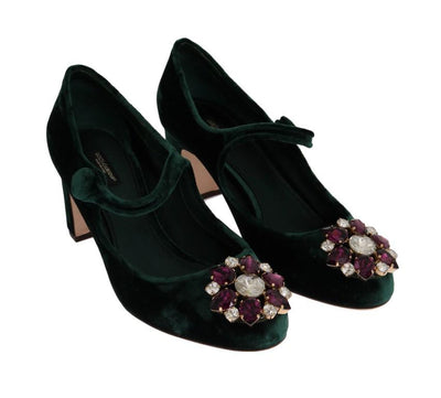 Green Velvet Crystal Mary Janes Shoes