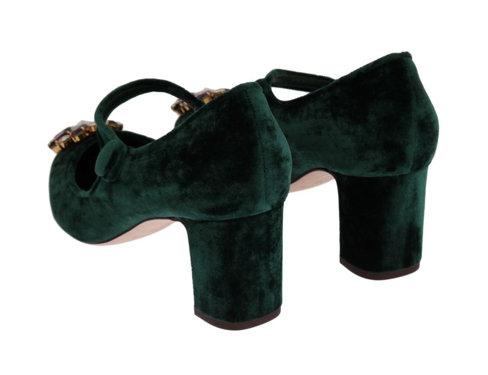 Green Velvet Crystal Mary Janes Shoes