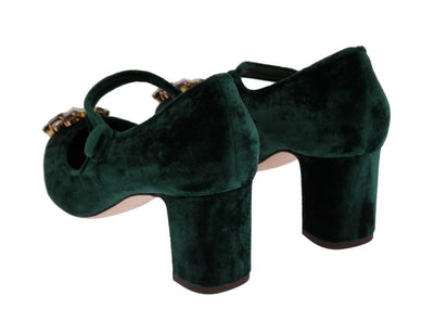 Green Velvet Crystal Mary Janes Shoes