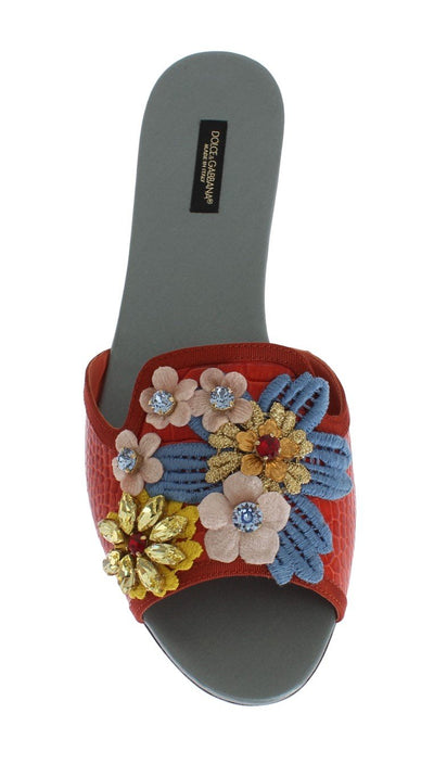 Multicolor Leather Crystal Flat Sandals