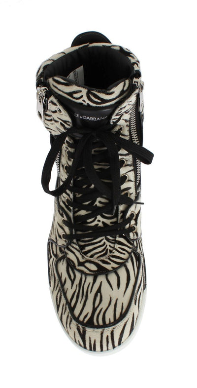 White Black Pony Hair High Sneakers