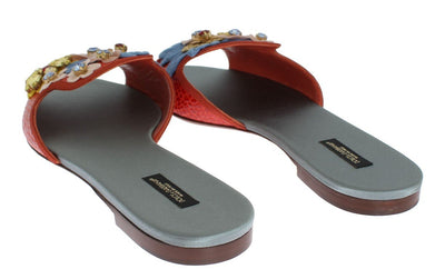 Multicolor Leather Crystal Flat Sandals