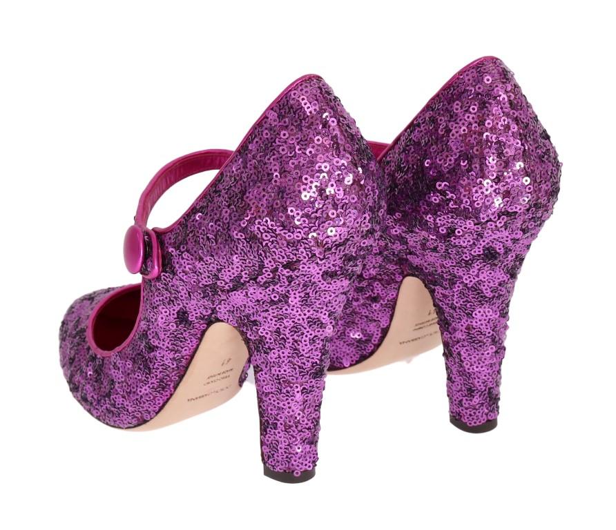 Purple Sequined Mary Janes Leather Shoes