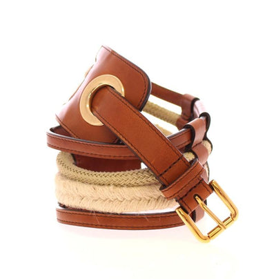 Brown Leather Logo Straw Belt