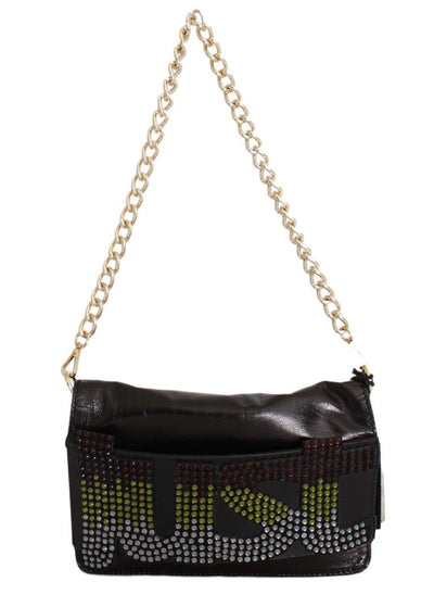 Black Leather Strass Evening Hand Clutch Bag