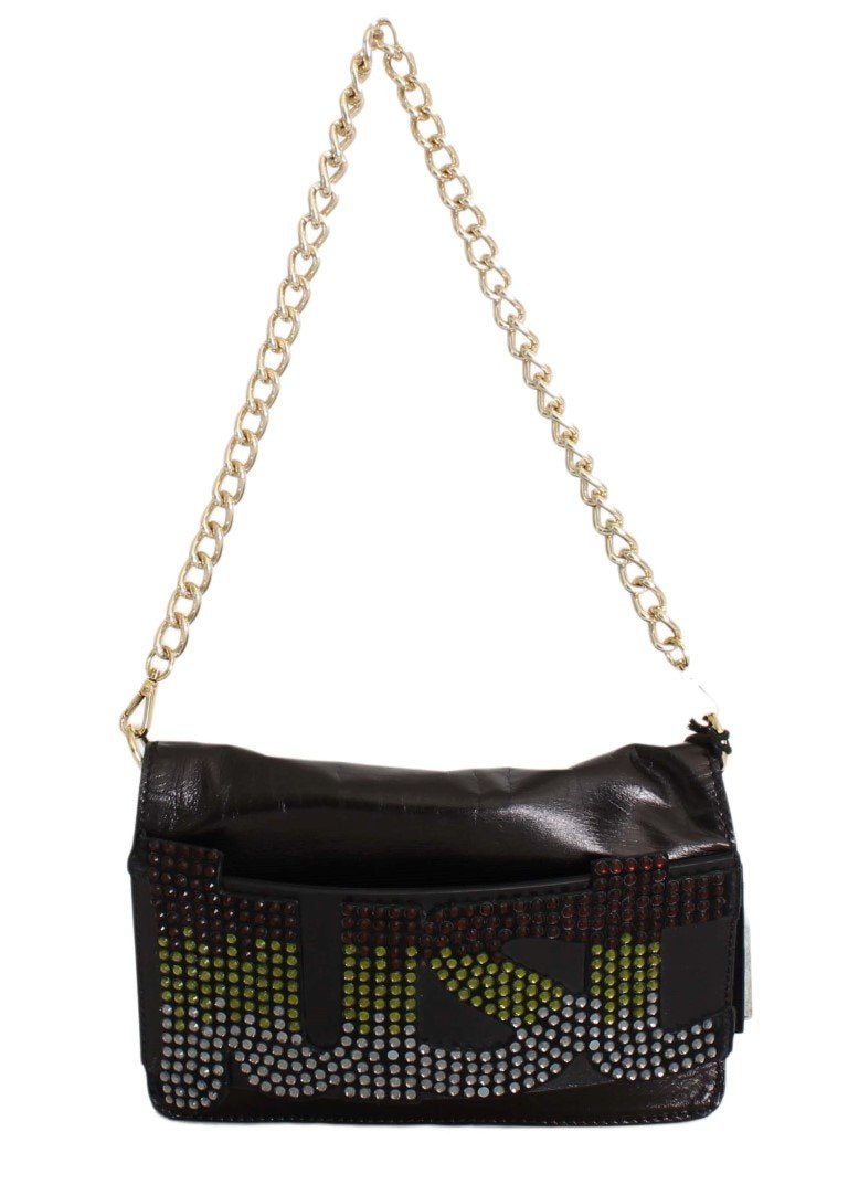 Black Leather Strass Evening Hand Clutch Bag