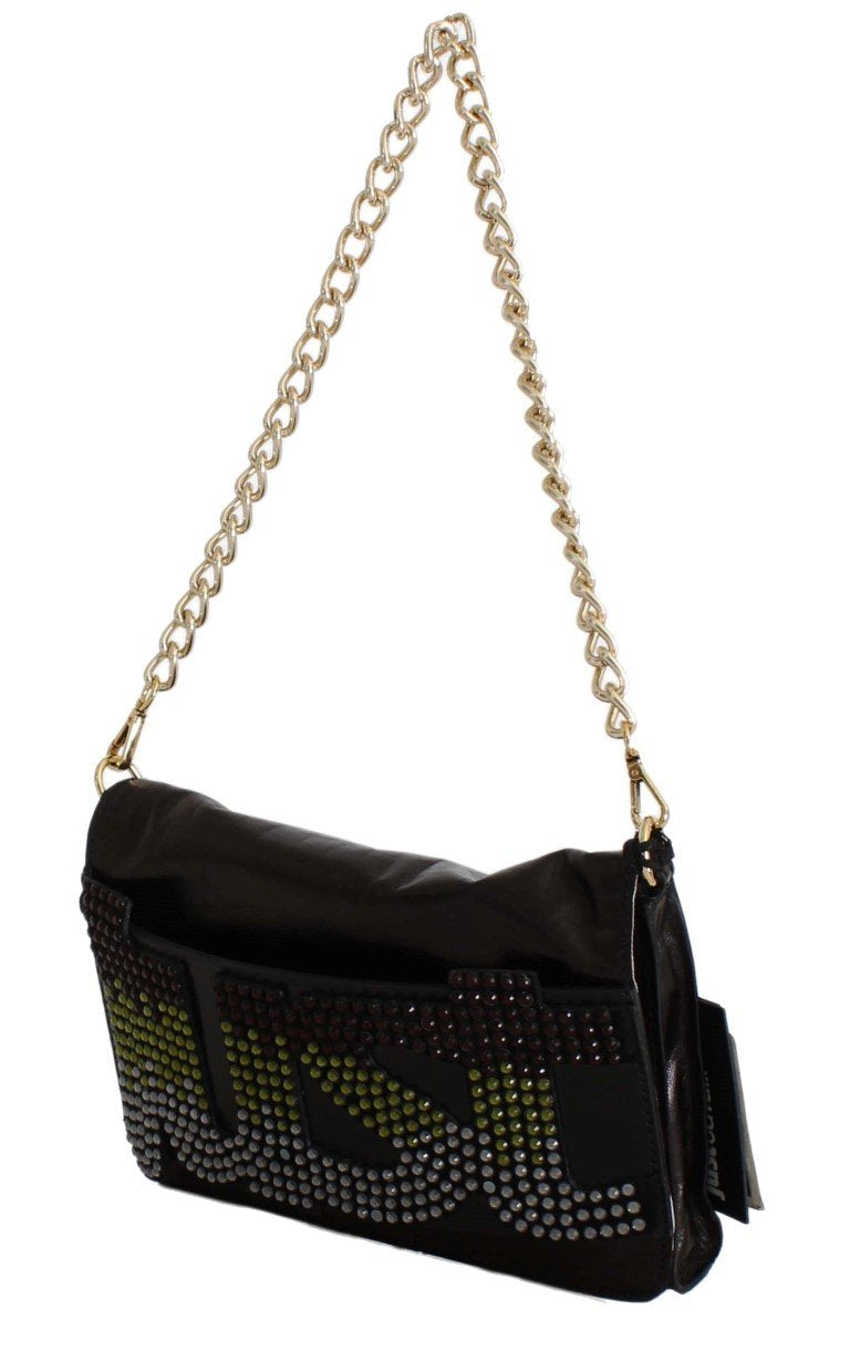 Black Leather Strass Evening Hand Clutch Bag