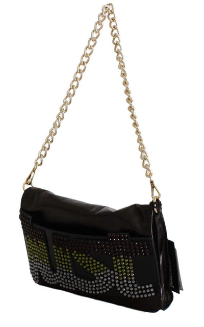 Black Leather Strass Evening Hand Clutch Bag