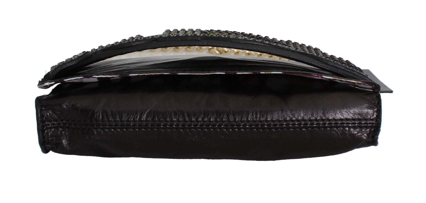 Black Leather Strass Evening Hand Clutch Bag