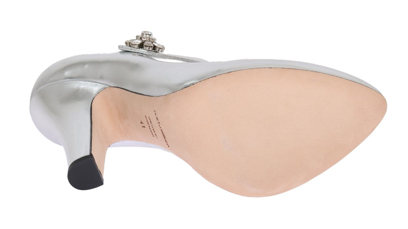 Silver Crystal Mary Janes Leather Shoes