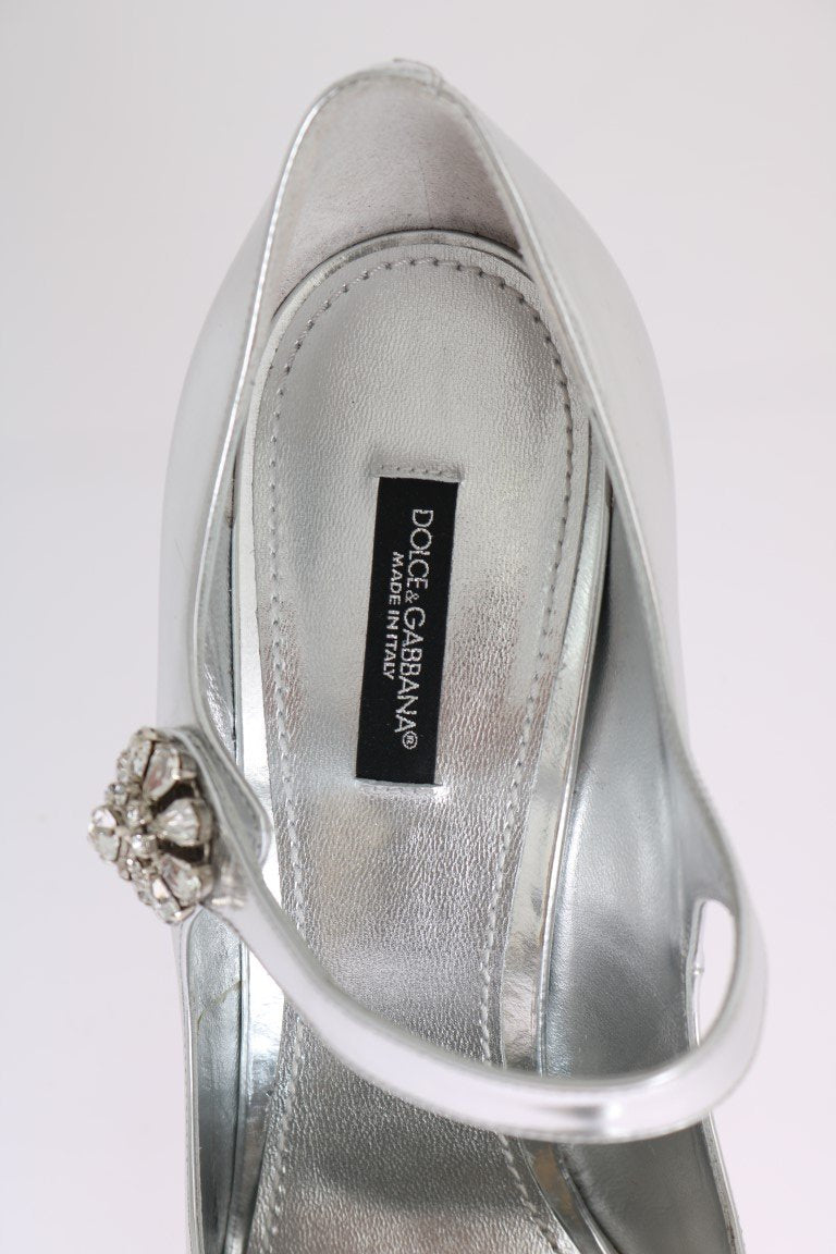 Silver Crystal Mary Janes Leather Shoes