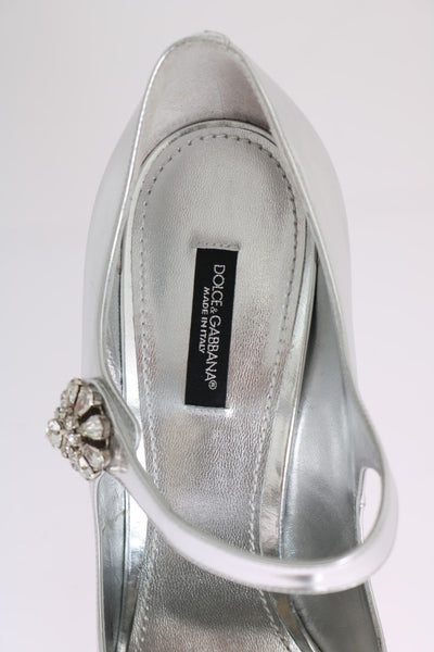 Silver Crystal Mary Janes Leather Shoes