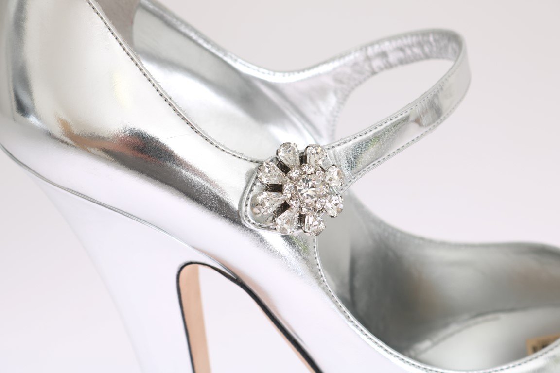 Silver Crystal Mary Janes Leather Shoes