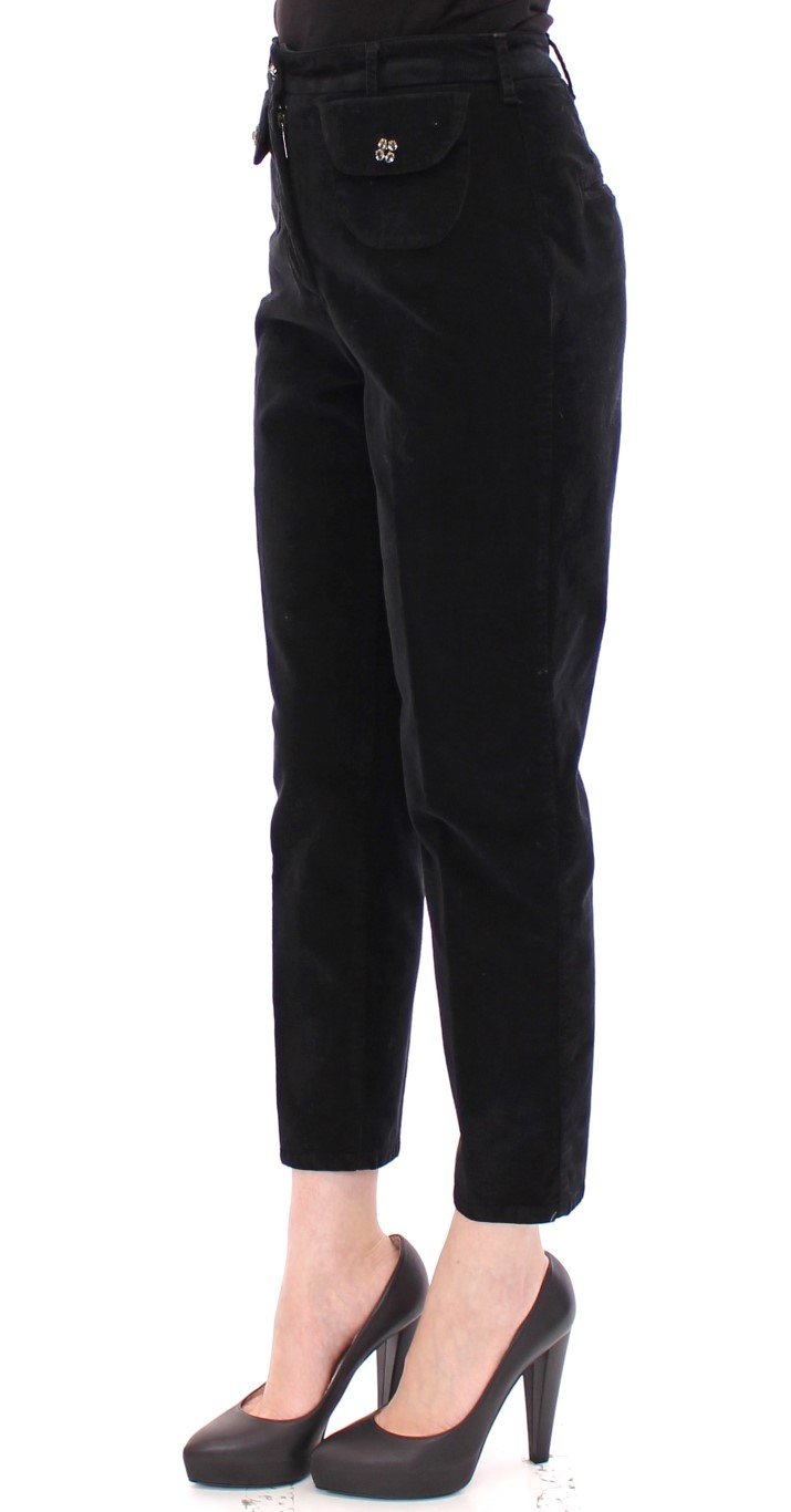 Black Cotton Cropped Corduroys Jeans Pants