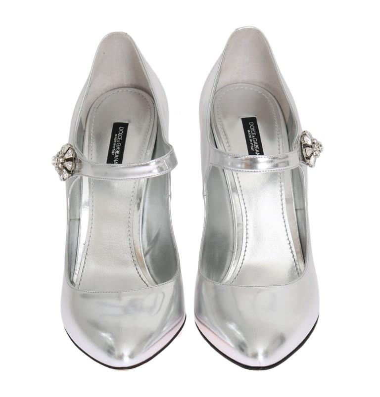 Silver Crystal Mary Janes Leather Shoes