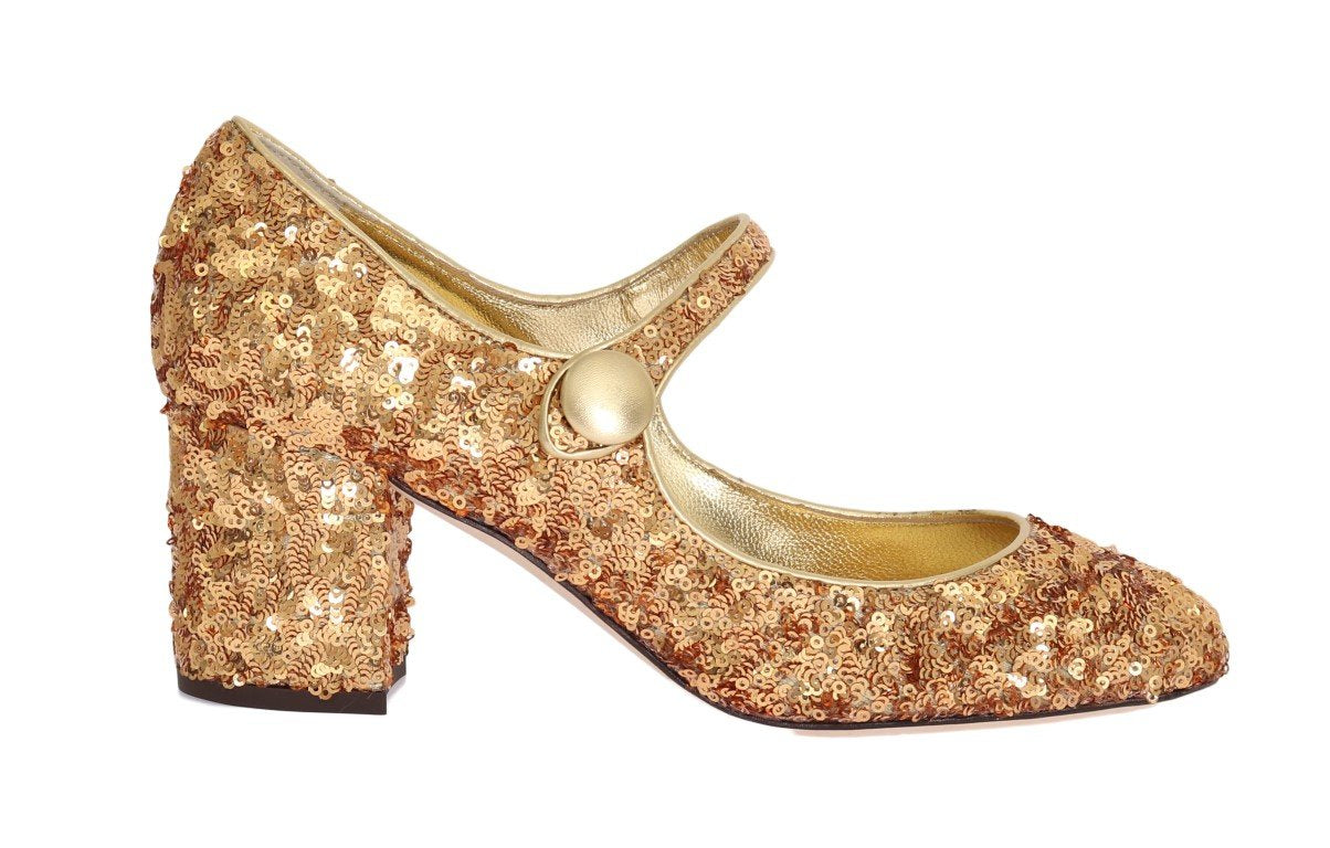 Gold Sequined Mary Janes Leather Shoes