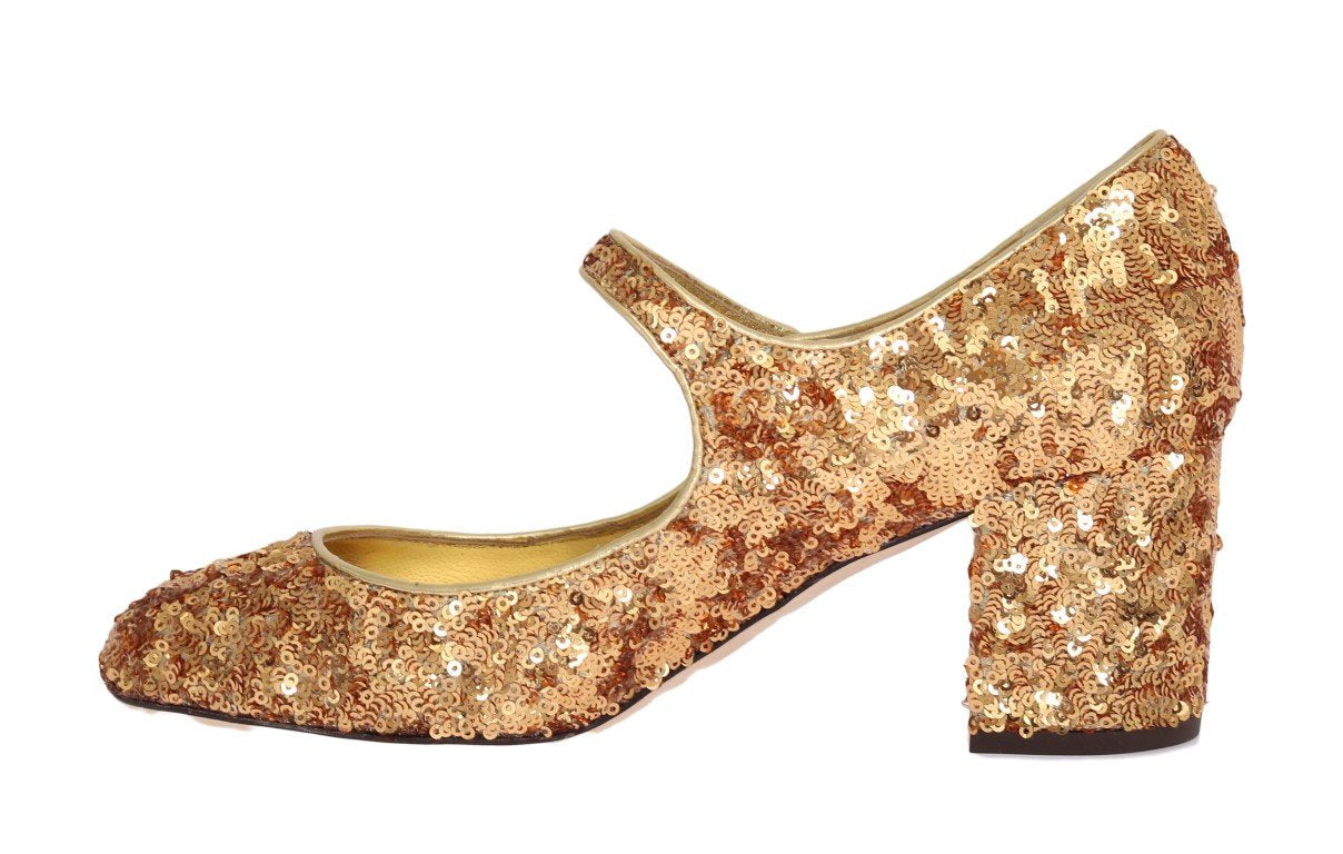 Gold Sequined Mary Janes Leather Shoes