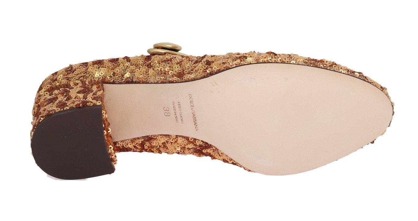 Gold Sequined Mary Janes Leather Shoes