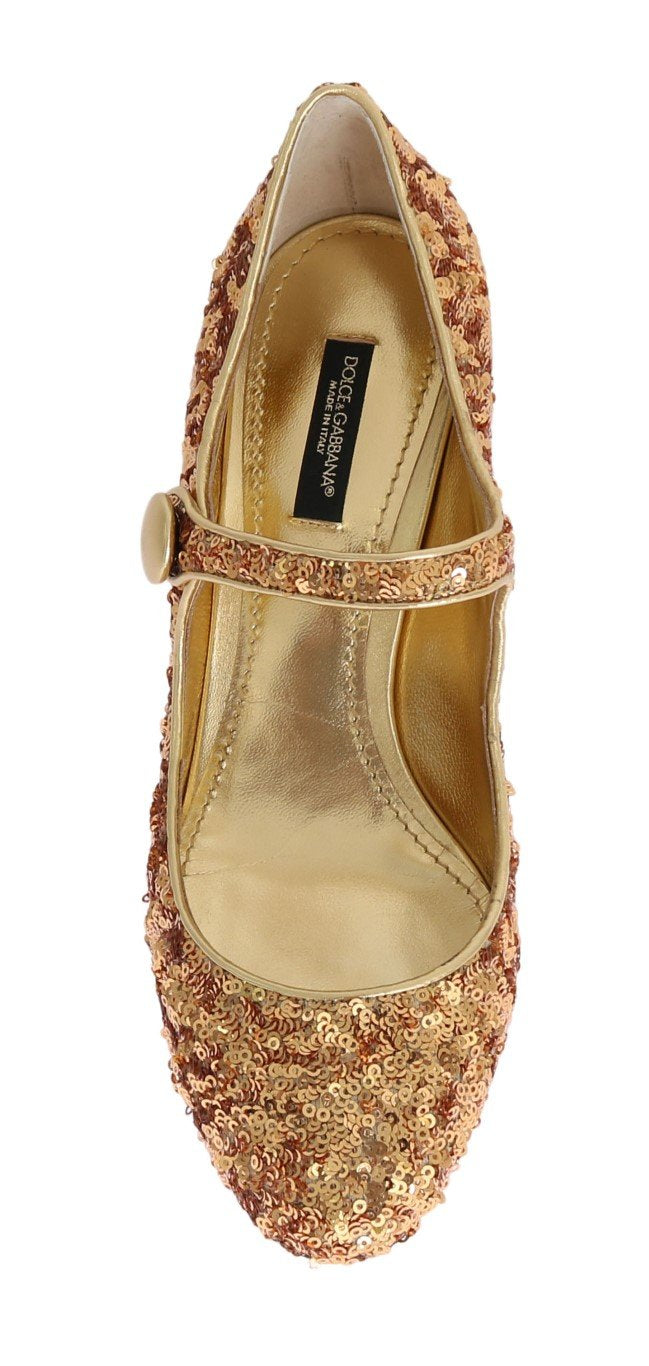 Gold Sequined Mary Janes Leather Shoes