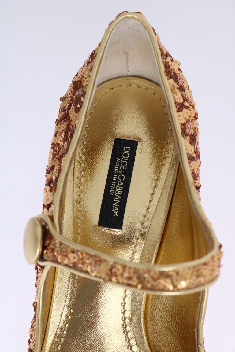 Gold Sequined Mary Janes Leather Shoes