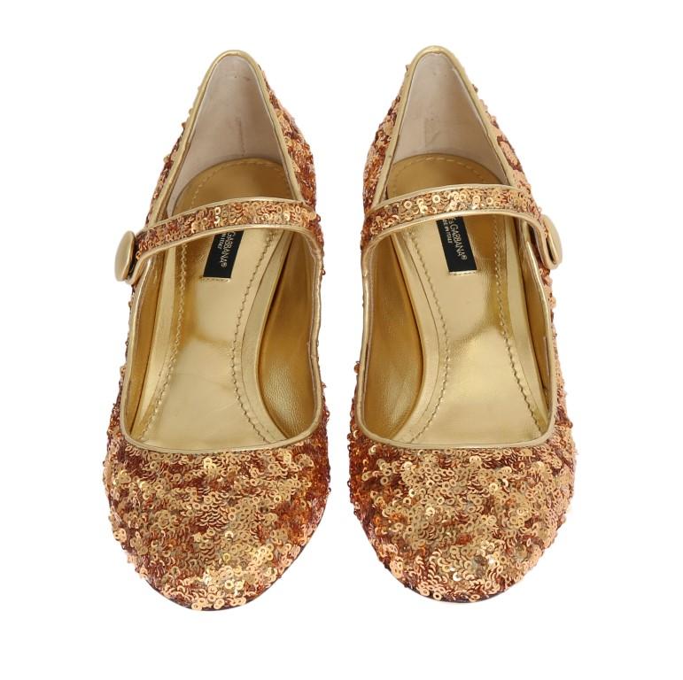 Gold Sequined Mary Janes Leather Shoes
