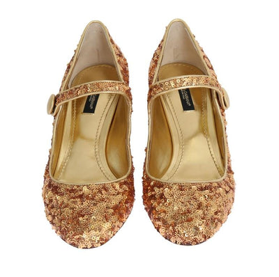 Gold Sequined Mary Janes Leather Shoes