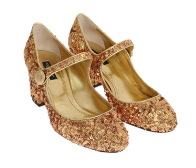 Gold Sequined Mary Janes Leather Shoes