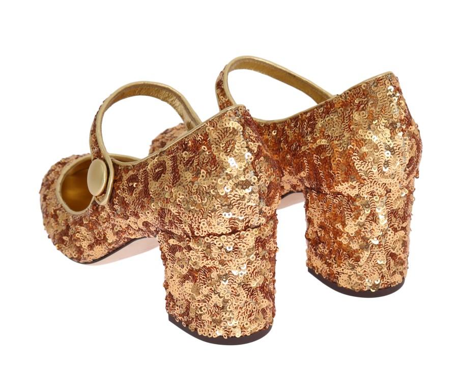 Gold Sequined Mary Janes Leather Shoes