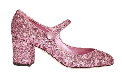 Pink Sequined Mary Janes Leather Shoes