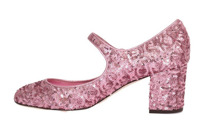 Pink Sequined Mary Janes Leather Shoes