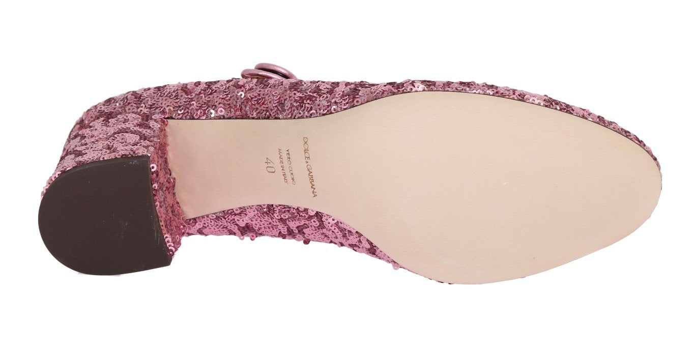 Pink Sequined Mary Janes Leather Shoes