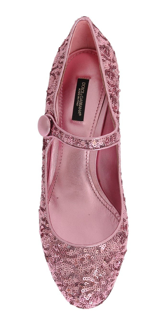 Pink Sequined Mary Janes Leather Shoes