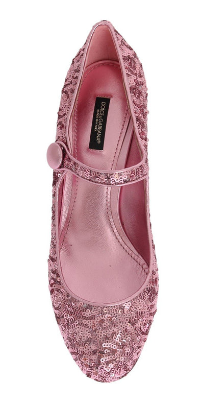 Pink Sequined Mary Janes Leather Shoes