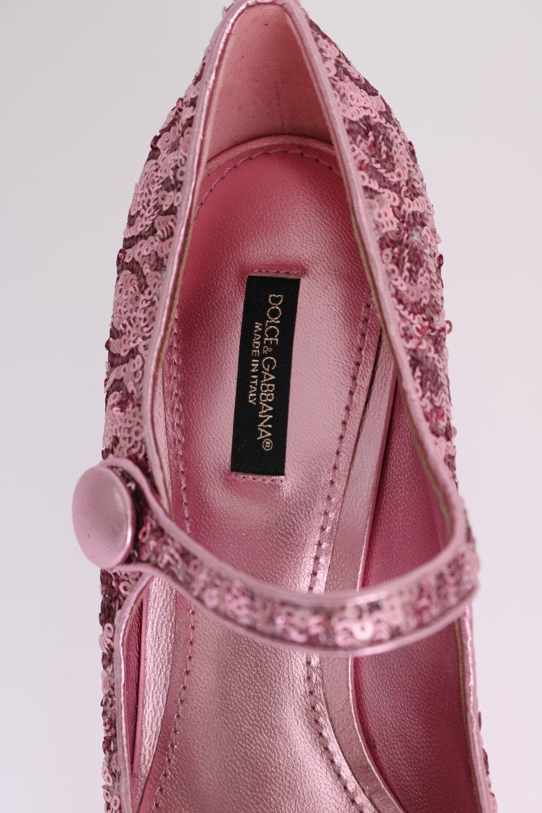 Pink Sequined Mary Janes Leather Shoes