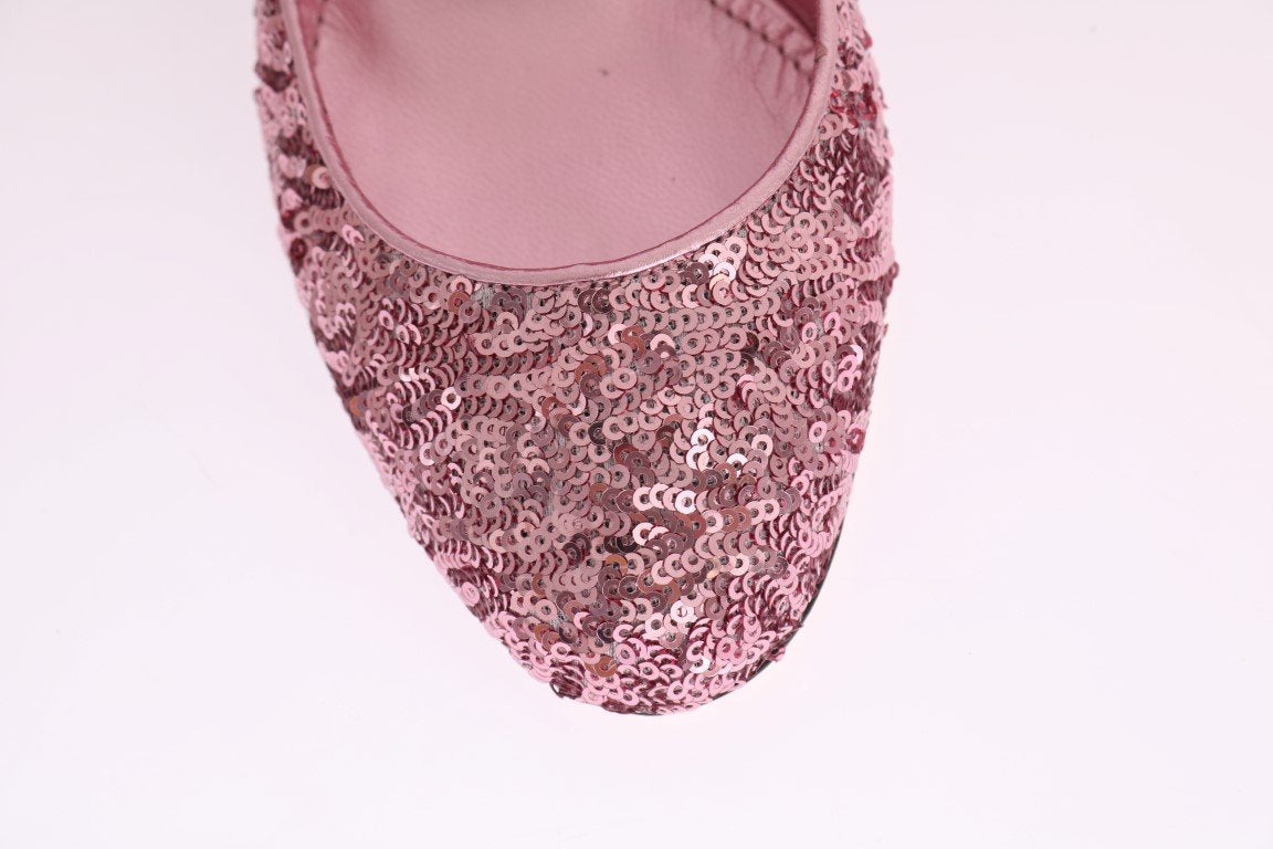 Pink Sequined Mary Janes Leather Shoes