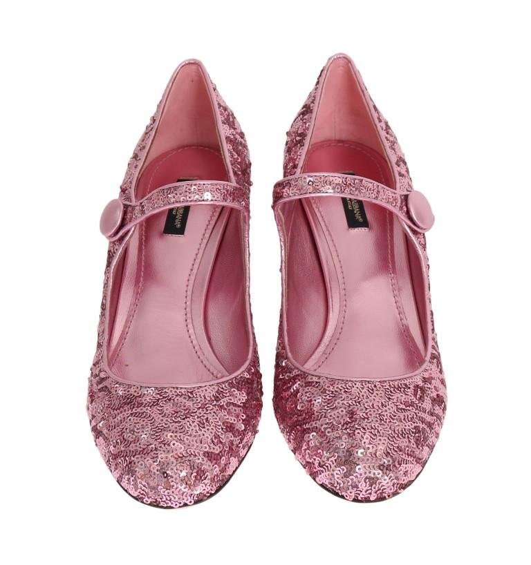 Pink Sequined Mary Janes Leather Shoes