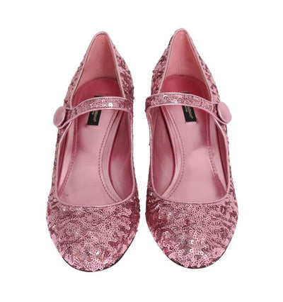 Pink Sequined Mary Janes Leather Shoes