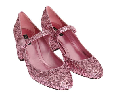 Pink Sequined Mary Janes Leather Shoes