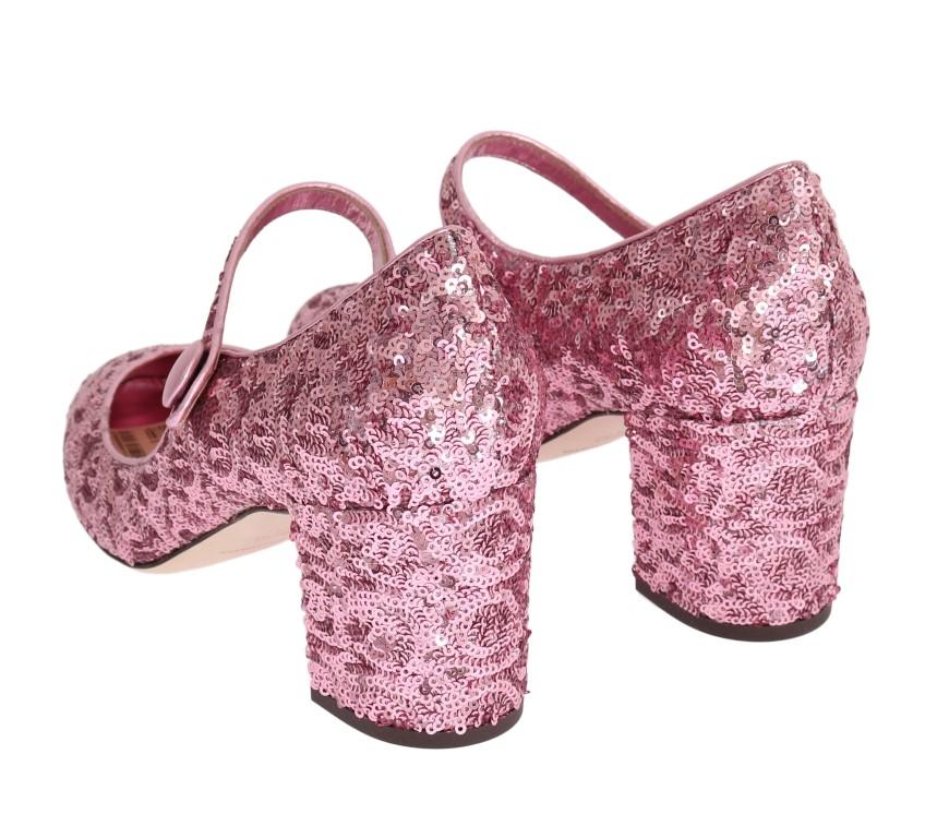 Pink Sequined Mary Janes Leather Shoes