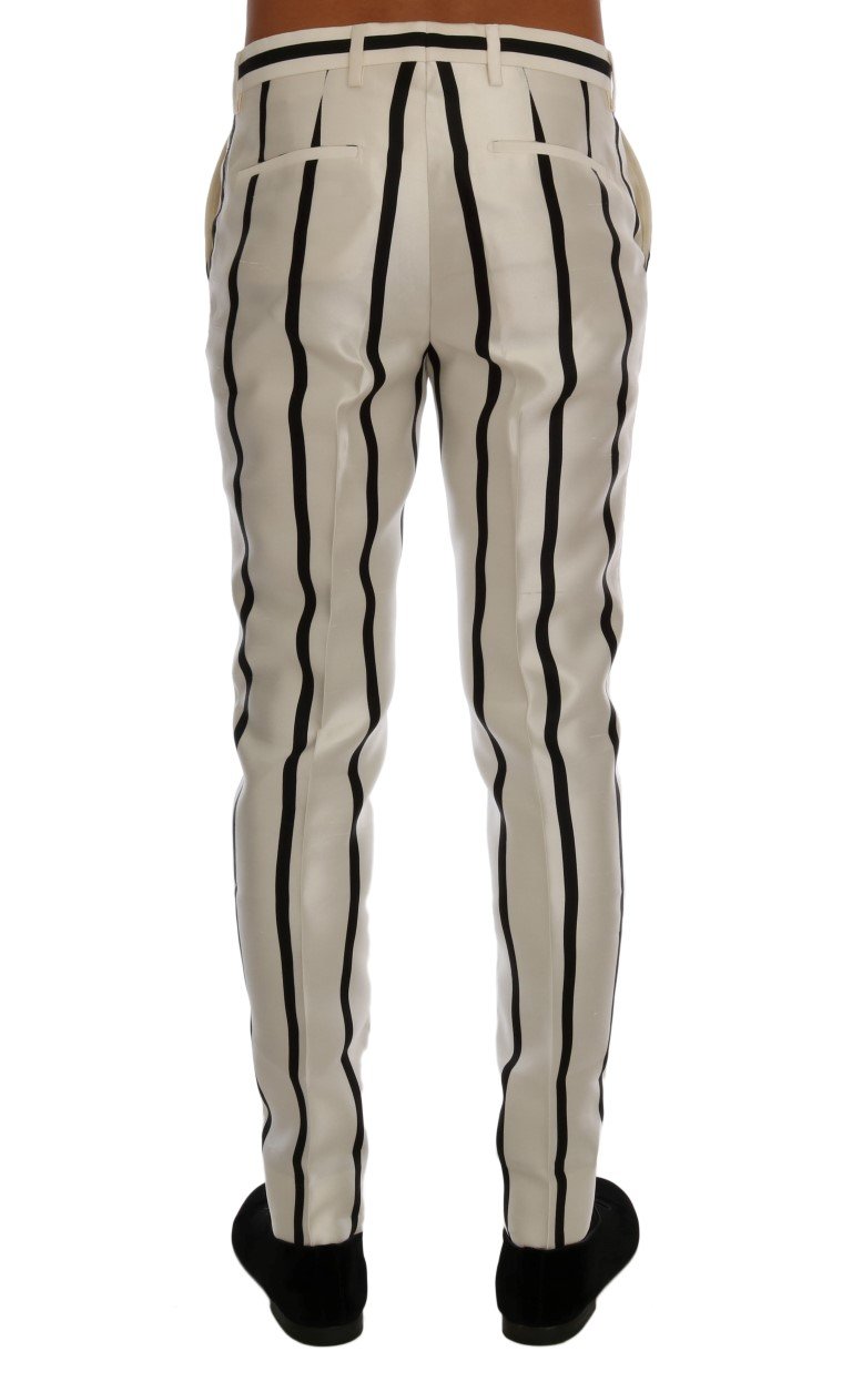 White Black Striped 100% Silk Pants