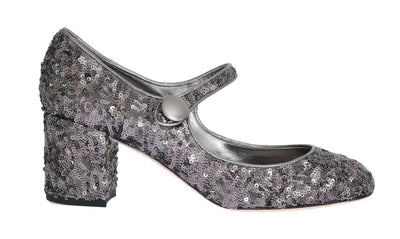 Silver Sequined Mary Janes Leather Shoes