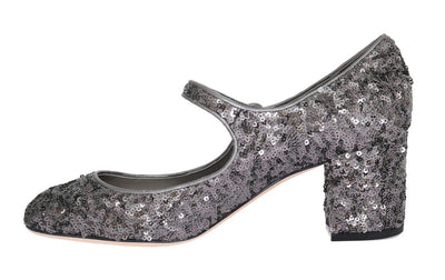 Silver Sequined Mary Janes Leather Shoes